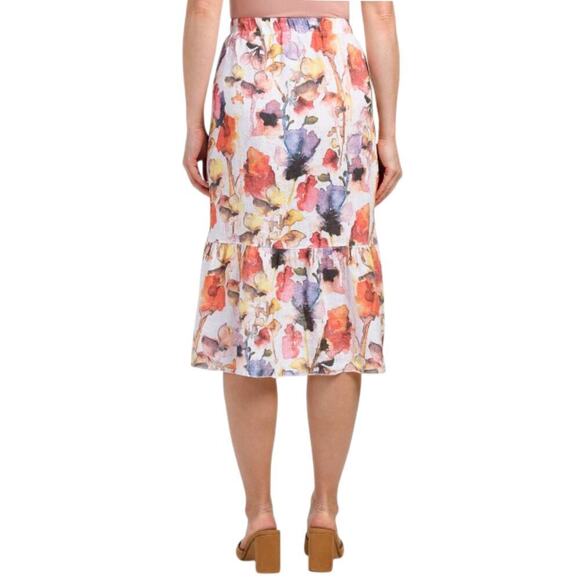 New! PIAZZA DEL TEMPIO Made In Italy Linen Ruffle Trim Floral Wrap Midi Skirt - Picture 3 of 8